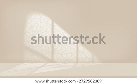 Eid Mubarak.Minimal Islamic background with soft sunlight casting arabesque geometric window shadows on beige wall.Vector studio room for Ramadan Kareem,Eid al Fitr,Mosque interior spiritual design