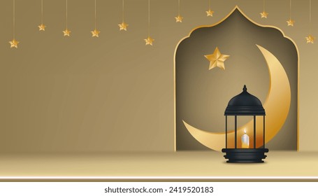 Eid Mubarak,Ramadan Kareem Background with 3D Podium,islamic lantern, Crescent Moon,Star,Cloud on Gold wall background,Vector Religion of Muslim Symbolic,Eid al fitr,Eid al Adha,,New Year Muharram