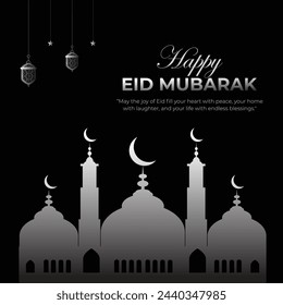 Eid MubarakSocial media post with black background and white gradient mosque