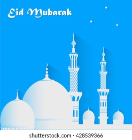 Eid Mubarak.White mosque on the blue background. Vector illustration