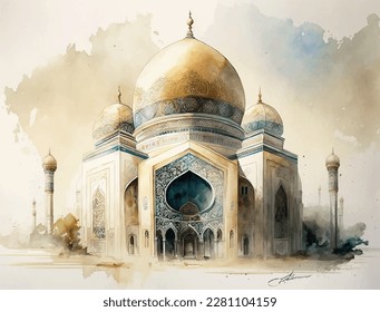 Eid Mubarok Hand draw decorative ramadan kareem moon sketch card design Intricate Wonders of Watercolor Mosques in Islamic Art