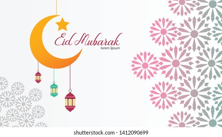 Eid mubarok islamic background template concept, with moon, lantern, and abstract pattern background