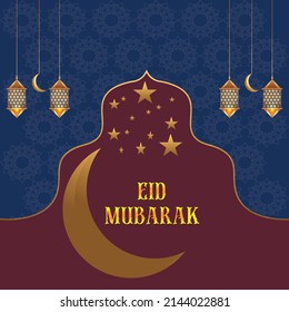 Eid mubarok islamic background template with Mosque, moon and lantern decoration 