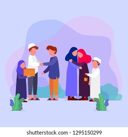 Eid Mubarrak, families visit each other tradition on eid vector illustration greeting card