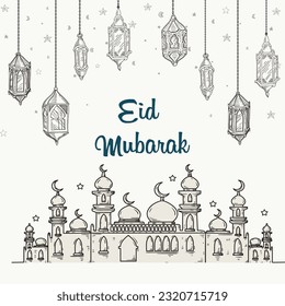 Eid mubaruk line drawing. Islamic background vector illustration.