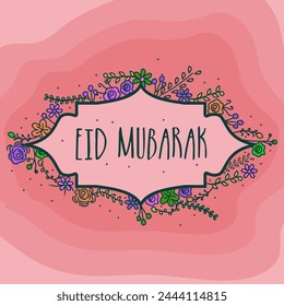 Eid Mubatak Text with colourful flowers decorated greeting card design for Islamic Famous Festival.
