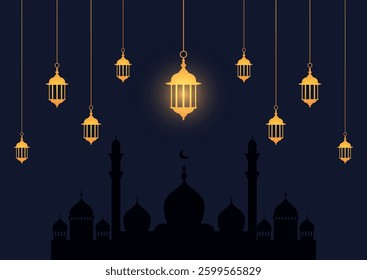Eid Murbarak background with mosque silhouette and hanging lanterns design