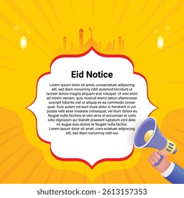 Eid notice post banner. 3d vector render for alert and announcing on isolate orange background. Announce promotion, Notice announcement post background, Rendering of announcement yellow background.