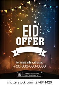 Eid offer poster, banner or flyer design decorated with hanging moons and stars on shiny mosque silhouette background.