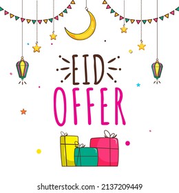 Eid Offer Poster Design With Gift Boxes, Crescent Moon, Lanterns, Stars And Bunting Flags Decorated On White Background.