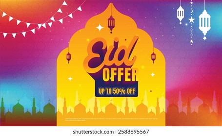 Eid Offer sale, web header or banner design with a crescent moon, and up to 50% discount offers on a beige background.