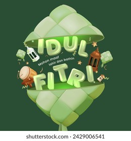 Eid Ornament Comes Out From Ketupat. Eid Al Fitr Poster Template with Indonesian Eid Ornament . Vector Illustration