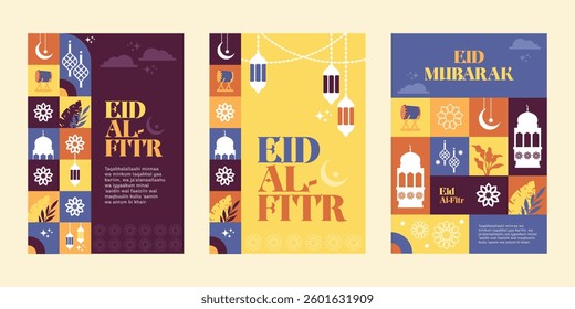 eid poster set pattern and silhouette colorful illustration