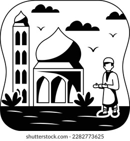 Icono vectorial de la oración del Eid Diseño, Símbolo de Ramazan y Eid al-Fitr, Signo de ayuno islámico y musulmán, celebración de las fiestas árabes ilustración de las aves, niños musulmanes yendo a la mezquita