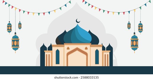 Eid Ramadan Mosque Vector – Islamic Festive Background with Crescent Moon, Lanterns and Colorful Banners. Perfect for Eid Mubarak, Ramadan Kareem, Islamic Posters, Invitations and Greeting Cards.