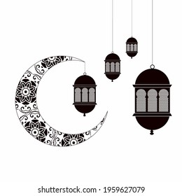Eid and ramadan mubarak  hanging lantern with beautiful moon arabian traditional culture , lamp with beautiful background .