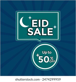 Eid sale up to 50%. Eid sale illustration design. Eid offer design. Eid illustration on blue background.