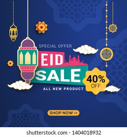 Eid sale banner with crescent moon and lantern. special offers promo for your seasonal design