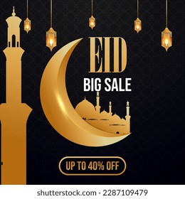 Eid Sale Banner Design, website header or banner design with hanging lanterns, discount offers promo banner template with crescent moon
