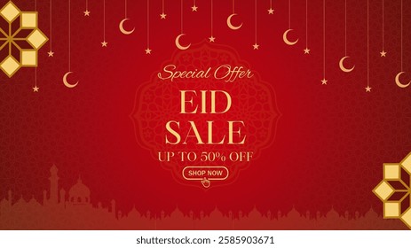 Eid Sale Banner, Islamic Ornament Lantern, moon, star and mosque red Background
