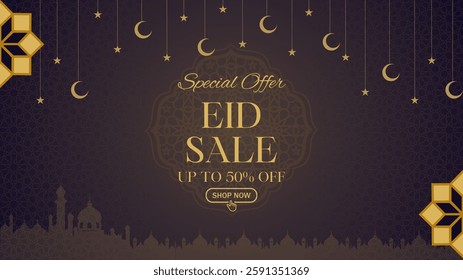 Eid Sale Banner, Islamic Ornament Lantern, moon, star and mosque brown Background
