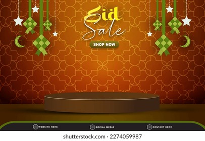 eid sale discount template banner with copy space 3d podium for product sale with abstract gradient brown and orange background design