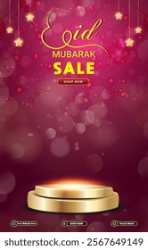eid sale discount template banner with 3d podium for product sale with purple background design 04