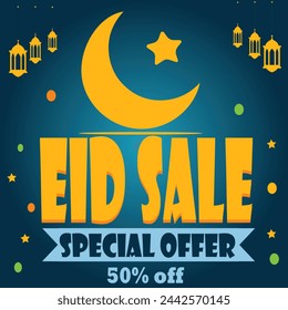 Ilustración para una oferta especial de venta de Eid 50% de descuento con luna, estrella y linterna. Vector para un evento islámico, adecuado para pancartas, carteles, fondos, volantes, folletos y fondos de venta