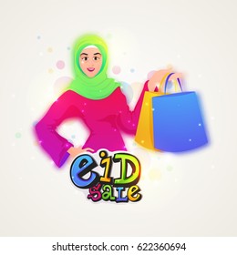 Eid Sale poster, banner or flyer design. Illustration of a young muslim girl holding shopping bags.