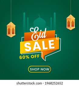 Eid Sale Poster Design With 60% Discount Offer And Hanging Lanterns And Green Silhouette Mosque Background.