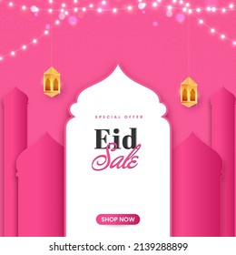 Eid Sale Poster Design With Golden Lanterns Hang, Lighting Garland Decorated On Pink And White Paper Cut Mosque Background.