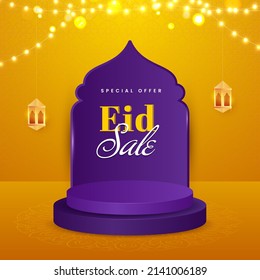 Eid Sale Poster Design With Shiny Golden Lanterns Hang, 3D Podium Or Stage, Lighting Garland On Purple And Yellow Background.