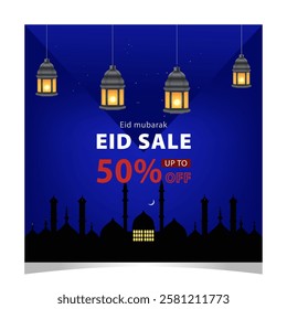 "Eid Sale" save up to 50% off vector illustration with Islamic border design on a Blue background. Eid special sale design. Sale Banner Or Poster design for the Eid Festival. Eps Format.