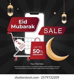 Eid sale shopping concept Sales and discounts Flat vector template. realistic crescent moon, illustration vector stock illustration