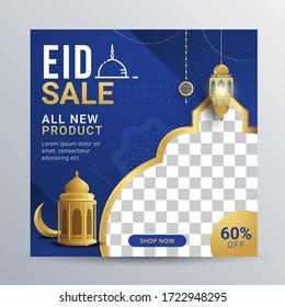 Eid sale social media banner post template with crescent moon and lantern. special offers promo for your seasonal design