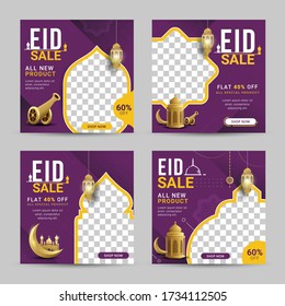 Eid sale social media banner post template with crescent moon and lantern. special offers promo for your seasonal design