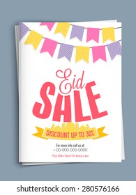Eid sale template or flyer presentation decorated with mosque ribbon and colorful buntings on shiny background.