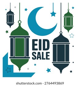 Eid sale text with hanging lanterns crescent moon and stars