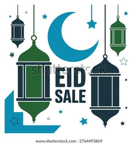 Eid sale text with hanging lanterns crescent moon and stars