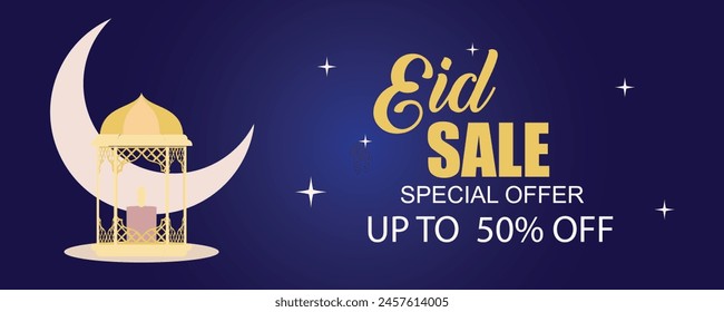 Eid Sale Vector banner design. Eid Sale Social Media Post Design halfmoon and lantern, on Blue background. Flat 50% off SHOP NOW. Editable Vector File.
