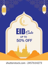 Eid Sale Vector banner design. Eid Sale Social Media Post Design with Islamic door on blue background. Flat 50% off SHOP NOW. Editable Vector File.