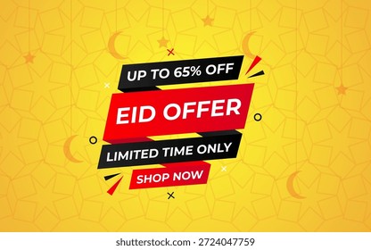 Eid Sale Vektor Banner Design. Sonderangebot auflösen Bis zu 65 % Rabatt. Vektor Islamisches Design mit Moschee Bogen für muslimische jährliche EID-Festival