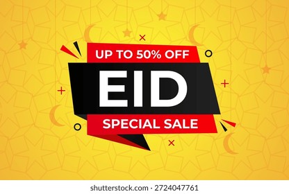 Design De Banner De Vetor De Venda Eid. Oferta especial do Eid Até 50% de desconto. Projeto islâmico vetorial com arco de mesquita para o festival anual muçulmano EID
