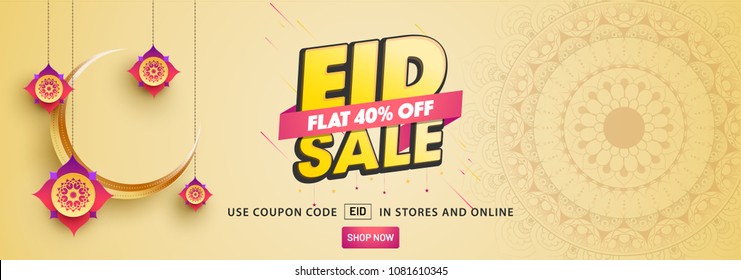 Eid sale, web header or banner design with crescent moon, and flat 40% discount offers on beige background.