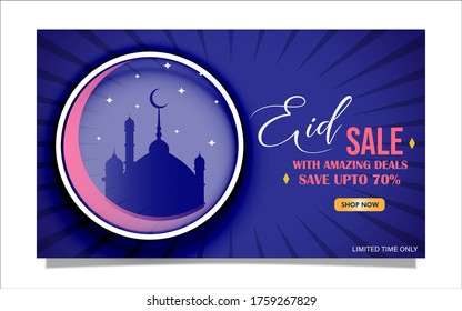 Eid sale, web header or banner design with crescent moon, and save upto 70% offers, fully editable vector illustration