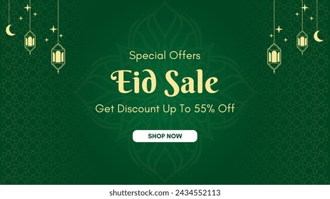 Eid sale, web header or banner design with crescent moon, and flat 40% discount offers on beige background.