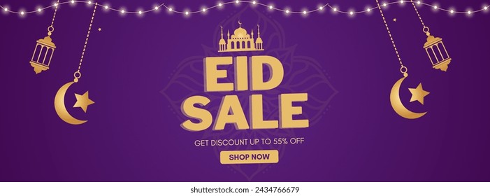 Eid sale, web header or banner design with crescent moon, and 55% discount offers on purple background.