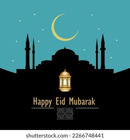 Eid Simple Square Design Vector Illustration. Eid concept with lantern, crescent and silhouette mosque. For banner, social media, background Islamic design. Vector Illustration