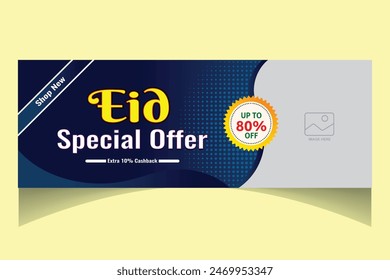 Eid special discount banner design template. 50% discount offer banner, poster, social media post etc. Blue and yellow isolated background design.