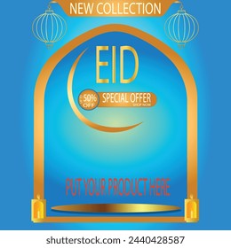 Eid special offer. Up to 50% off on Soft blue theme with golden artwork illustration design for product selling editable vector eps.